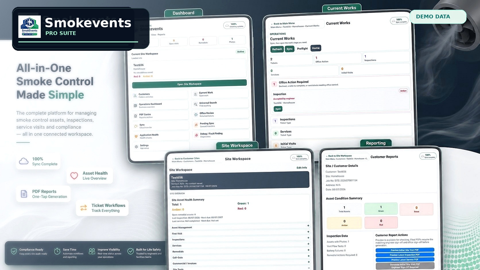 Smokevents product screens arranged in a polished product website scene